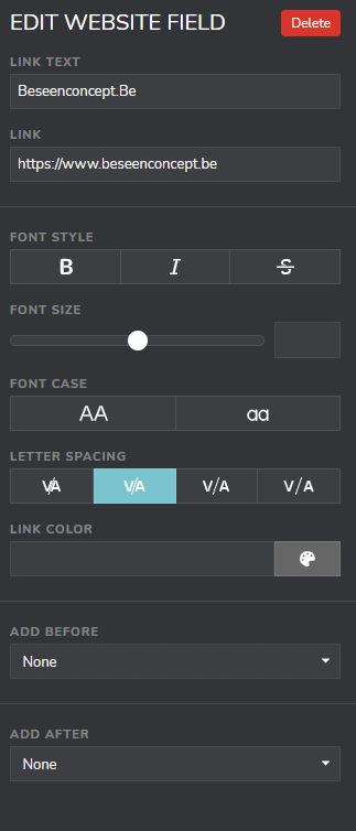 Fenetre d'édition du champs site web